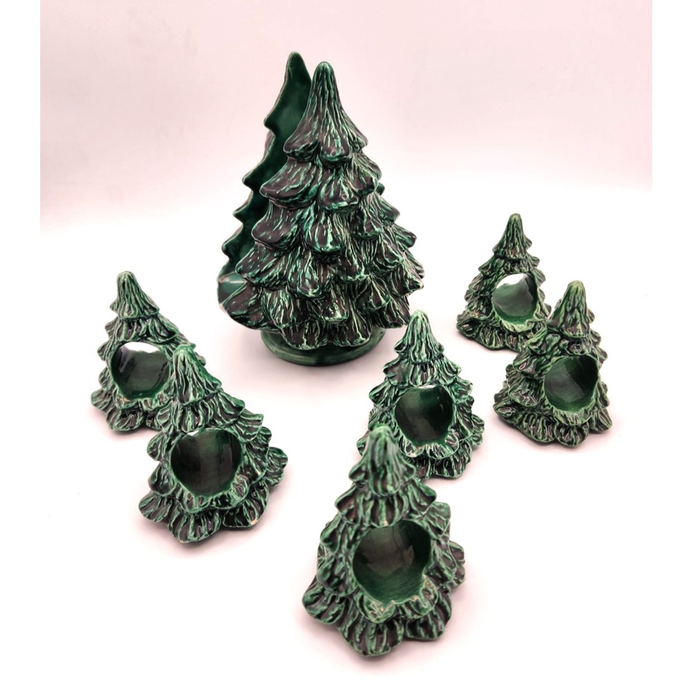 Christmas Tree Napkin Holder & 6 Matching Napkin Rings Green Ceramic Vintage - Picture 2 of 4